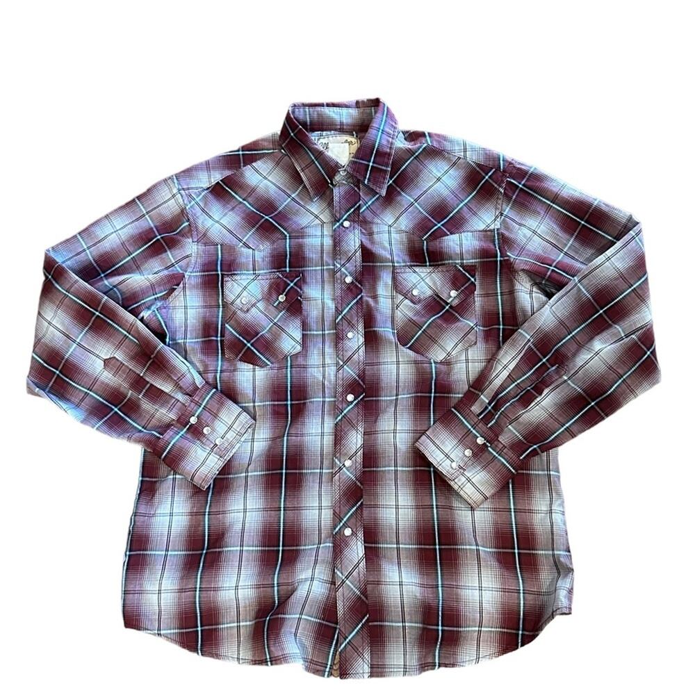 Vintage Wrangler Large Pearl Snap Burgundy Plaid  Shirt